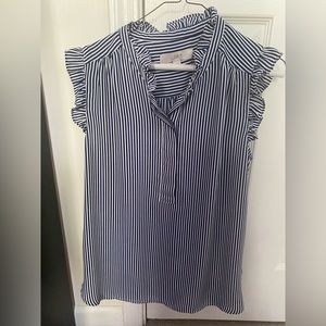 EEUC Blue and White Stripe Sleeveless Ruffle Blouse
